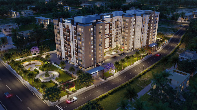 Aerial Night View of Sowparnika Olivia Nest, a Gated Community with Illuminated Apartments and Lush Landscaping in Sarjapur, Bangalore